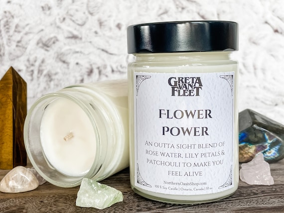 Flower Power Soy Candle, Greta Van Fleet Gift, Hidden Gem, Mystery Crystal Candle, 10 oz Candle Jar, GVF Home Fragrance