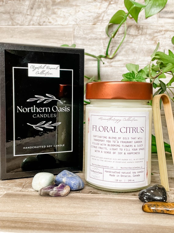 Floral Citrus Mystery Crystal, Aromatherapy Soy Candle, Self Care Candle, Spa Candle, Essential Oil Candle, Mindfulness Gift, Self Care Spa