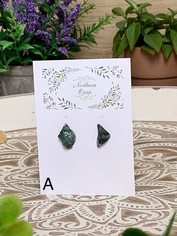 Moss Agate Earrings, Stud Crystal Earrings, Gemstone Earrings, Witchy Jewelry, Witchy Earrings, Crystals for Wealth, Crystals for Money