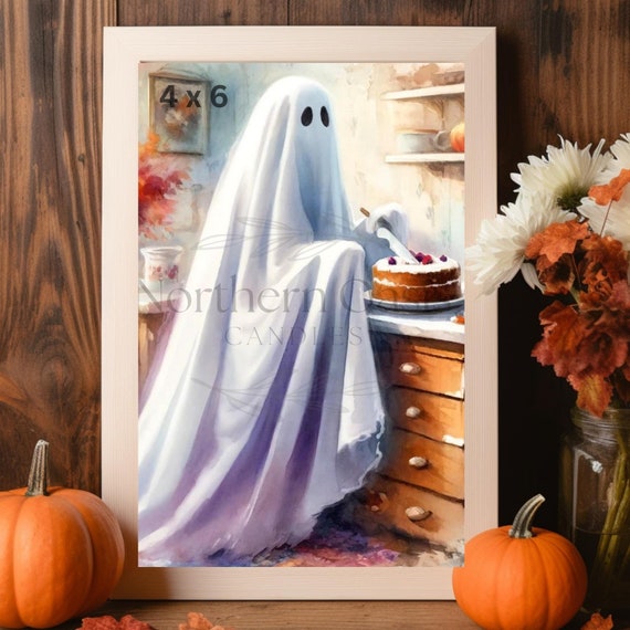 Whimsical Ghost Baking a Cake Art Print Watercolor Halloween Digital Download, Spooky Sheet Ghost Wall Decor, Instant Printable 4x6 to 11x14