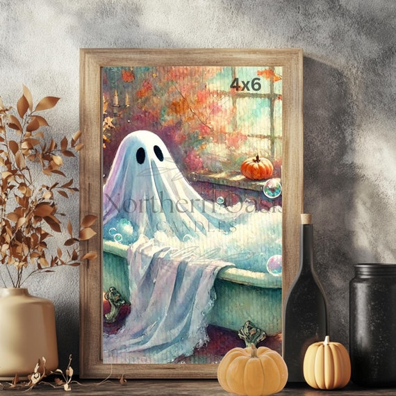 Whimsical Ghost in Bubble Bath, Print, Watercolor, Halloween Digital Download, Spooky Sheet Ghost Wall Decor, Instant Printable 4x6 to 11x14
