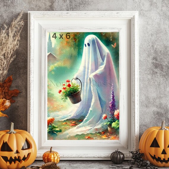 Whimsical Ghost Gardening Art Print - Watercolor Halloween Digital Download, Spooky Sheet Ghost Wall Decor, Instant Printable 4x6 to 11x14