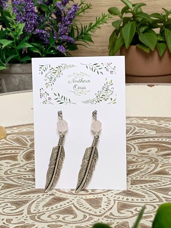 Rose Quartz Feather Earrings, Dangle Earrings, Ethical Crystal Earrings, Gemstone Earrings, Witchy Jewelry, Self Love Earrings, Heart Chakra