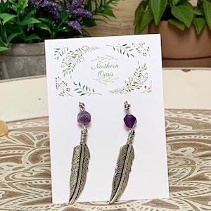 Amethyst Feather Earrings, Protection Earrings, Ethical Crystal Earrings, Gemstone Earrings, Witchy Jewelry, Witchy Dangle Earrings