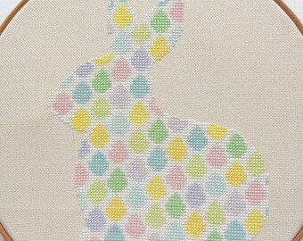Easter Bunny cross stitch pattern; white rabbit with small eggs in pastel spring colours, perfect for beginners, fits a 10 inch/25cm hoop
