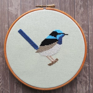 superb fairywren cross stitch pattern, blue Australian bird, instant download PDF, colourful modern, good for beginners