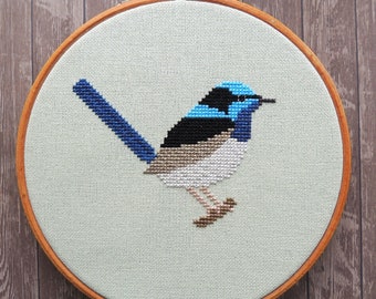 superb fairywren cross stitch pattern, blue Australian bird, instant download PDF, colourful modern, good for beginners