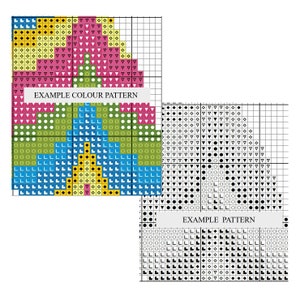 K&ouml;nnte beinhalten: Ein Kreuzstichmuster mit einem farbenfrohen Design einer Blume mit gelber Mitte, rosa Bl&uuml;tenbl&auml;ttern und gr&uuml;nen Bl&auml;ttern. Das Muster befindet sich auf einem Gitter mit schwarzen Linien und enth&auml;lt Symbole f&uuml;r verschiedene Farben.