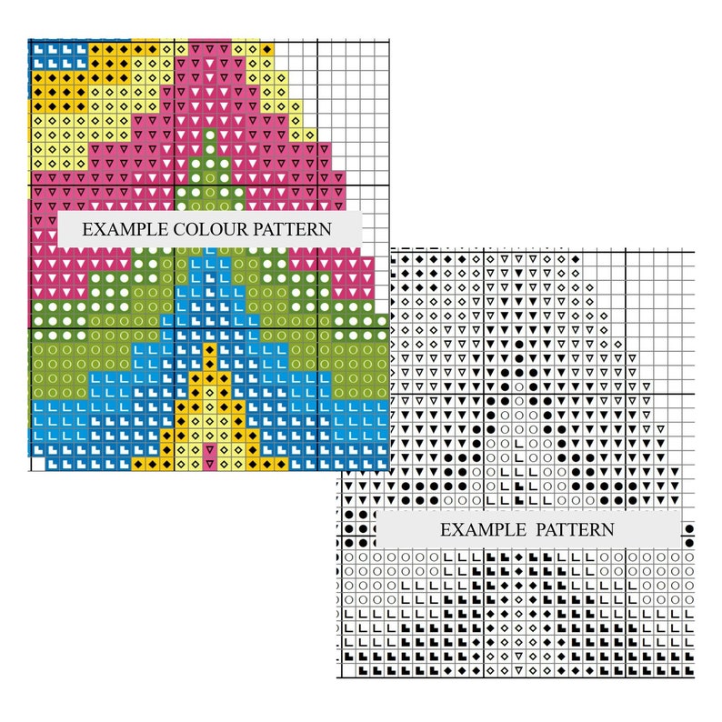K&ouml;nnte beinhalten: Ein Kreuzstichmuster mit einem farbenfrohen Design einer Blume mit gelber Mitte, rosa Bl&uuml;tenbl&auml;ttern und gr&uuml;nen Bl&auml;ttern. Das Muster befindet sich auf einem Gitter mit schwarzen Linien und enth&auml;lt Symbole f&uuml;r verschiedene Farben.