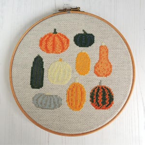 K&ouml;nnte beinhalten: Ein Kreuzstich-Stickrahmen mit verschiedenen bunten K&uuml;rbissen, Flaschenk&uuml;rbissen und K&uuml;rbissen. Die Stickerei ist auf einem beigefarbenen Stoff.