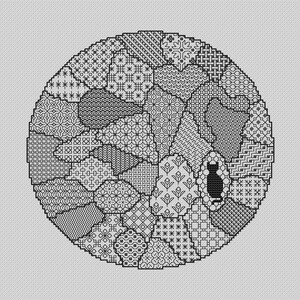 K&ouml;nnte beinhalten: Schwarzwei&szlig;es Kreuzstich-Design mit verschiedenen geometrischen Mustern, die in einer kreisf&ouml;rmigen Form angeordnet sind.