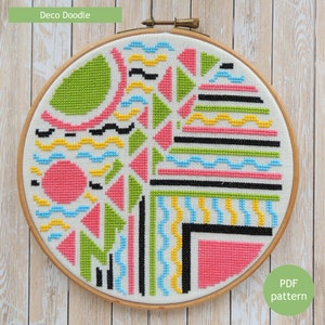 Modern colourful cross stitch pattern, PDF instant download chart, bright colours abstract cross stitch, Art Deco geometry