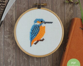 Kingfisher cross stitch pattern, small bird cross stitch chart, kingfisher cross stitch PDF instant download