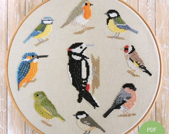 cross stitch birds PDF pattern. British birds robin great tit kingfisher woodpecker bullfinch goldfinch. DIY Cross stitch craft bird sampler