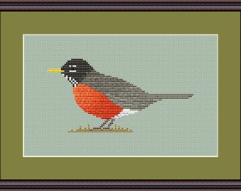 American Robin cross stitch PDF pattern, printable colour and black and white charts, US state bird Michigan Connecticut Wisconsin