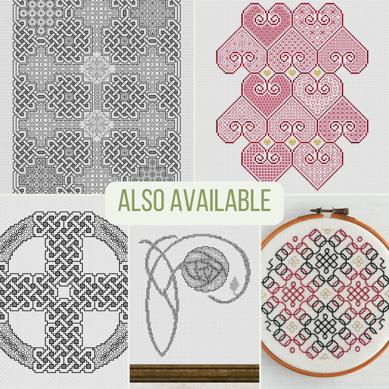 K&ouml;nnte beinhalten: Vier verschiedene Kreuzstichmuster mit keltischen Knotendesigns. Die Muster sind in Schwarzwei&szlig;, Rotwei&szlig; und Schwarz, Rot und Wei&szlig;. Der Text "ALSO AVAILABLE" befindet sich in der Mitte des Bildes.