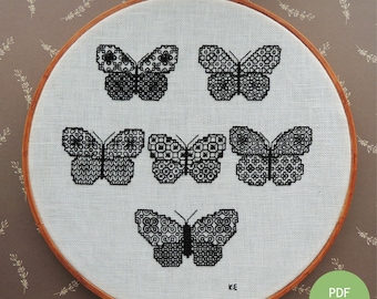 Blackwork butterfly embroidery pattern,  butterfly PDF instant download, blackwork embroidery sampler chart download