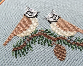 cross stitch bird PDF pattern, crested tits on pine branch, Scottish wildlife DIY craft décor, instant download