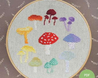 Mushroom cross stitch pattern sampler, rainbow gradient mushroom toadstool printable PDF chart. Real fungi in bright colours.