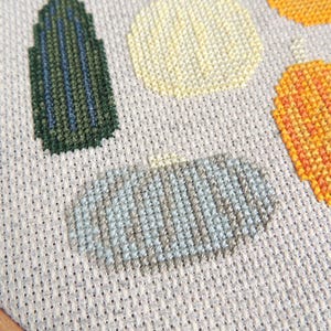 K&ouml;nnte beinhalten: Kreuzstich-Stickerei mit geometrischen Formen in Gr&uuml;n-, Blau-, Gelb-, Orange- und Graut&ouml;nen.