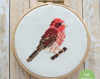 purple finch digital cross stitch pattern, state bird of New Hampshire, instant download pdf file, small bird cross stitch