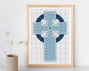 Celtic Cross - cross stitch PDF pattern - blue Celtic knots art - instant download - Celtic cross stitch chart