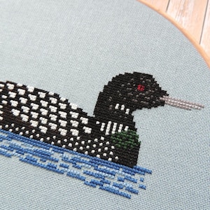 May include: Close-up of a cross-stitch embroidery of a loon swimming in blue water. The loon is black and white with a red eye and a green neck.