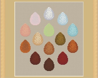 Nature's Easter Eggs - a colourful rainbow of hen/chcken eggs - counted cross stitch PDF pattern, colour and black and white