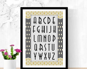 art deco alphabet cross stitch sampler, jazz age roaring twenties Great Gatsby décor, 1920s  DIY wall art PDF chart download