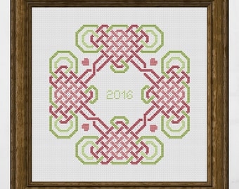 Personalise your own cross stitch Wedding sampler announcement gift. PDF instant download. Celtic knotwork design with English rose colours