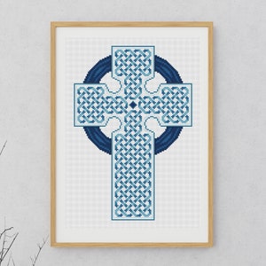 Celtic Cross - cross stitch PDF pattern - blue Celtic knots art - instant download - Celtic cross stitch chart