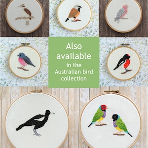 May include: A collection of embroidery hoops featuring different Australian birds. The birds are depicted in a colorful and stylized manner. The text "Also available in the Australian bird collection" is displayed in the center of the image.