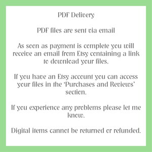 May include: Text on a green background explaining how digital PDF files are delivered via email after purchase. The text states that buyers will receive an email from Etsy with a link to download the files. It also explains that buyers with an Etsy account can access their files in the 'Purchases and Reviews' section. The text concludes by stating that digital items cannot be returned or refunded.