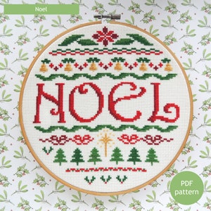 Christmas cross stitch sampler of traditional festive motifs in red, green and gold, easy and quick to stitch, good for beginners. PDF chart