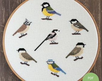 cross stitch bird sampler; British European tit titmouse birds cross stitch sampler pattern, PDF chart instant download,