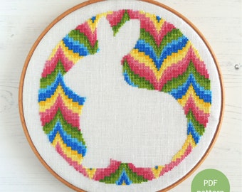 Weißes Kaninchen Silhouette Kreuzstich Buntes Bargello-Muster (PDF-Muster)