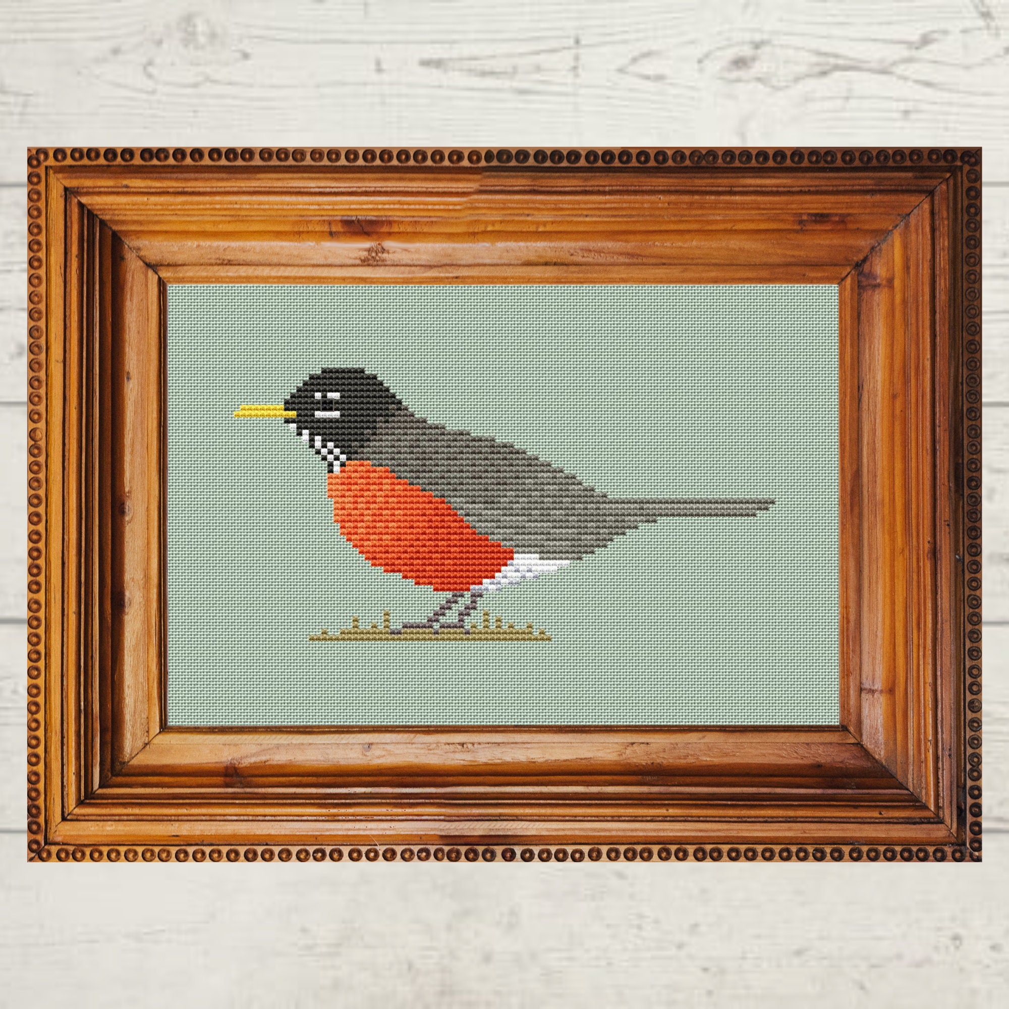 American Robin cross stitch PDF pattern, printable colour and black and white charts, US state bird Michigan Connecticut Wisconsin