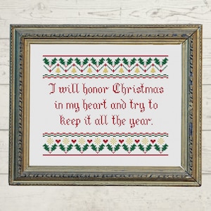 Christmas cross stitch. &quot;I Will Honor Christmas&quot;. Modern cross stitch. Dickens quote. A Christmas Carol. book quote. Christmas decor