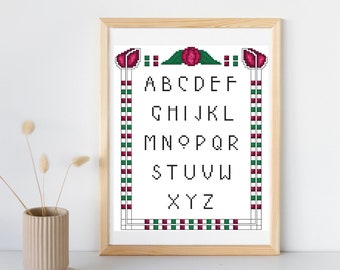 Art Nouveau Glasgow Mackintosh rose alphabet with border cross stitch pattern, PDF chart download, cross stitch letters sampler