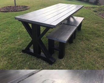 Custom Farmhouse Trestle Dining Table and Bench Set