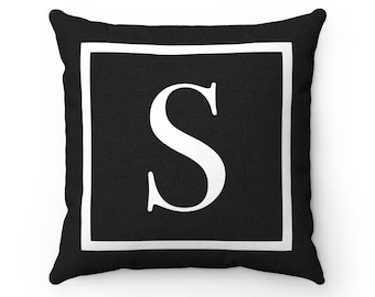 Black and White Pillow, Square Initial Throw Pillow, Monogram Accent Pillow, Accent Pillow Cover, Reversible Pillow Cover