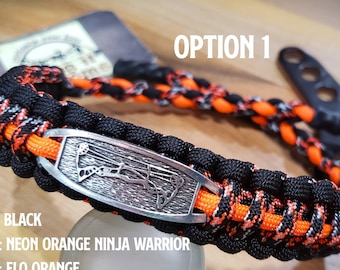 Bow Wrist Sling - Cobra with Backbone Weave with Metal Engraved Archery Plate - 3 Options - Paracord - You Pick Colors!