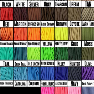 May include: A colour chart showcasing a range of paracord shades. The image presents a grid of colours, such as black, white, red, orange, yellow, green, blue, purple, and pink, each identified by its name. The text labels are in a bold, sans-serif font.
