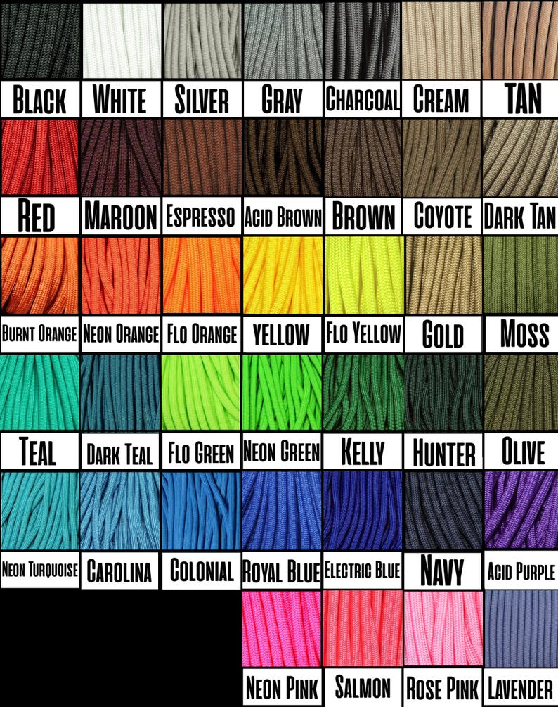 May include: A colour chart showcasing a range of paracord shades. The image presents a grid of colours, such as black, white, red, orange, yellow, green, blue, purple, and pink, each identified by its name. The text labels are in a bold, sans-serif font.