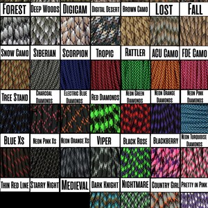 May include: A selection of paracord patterns and colours, including camouflage, diamond patterns, and solid colours. Each pattern is labelled with a descriptive name such as "Forest," "Electric Blue Diamonds," and "Black Rose."