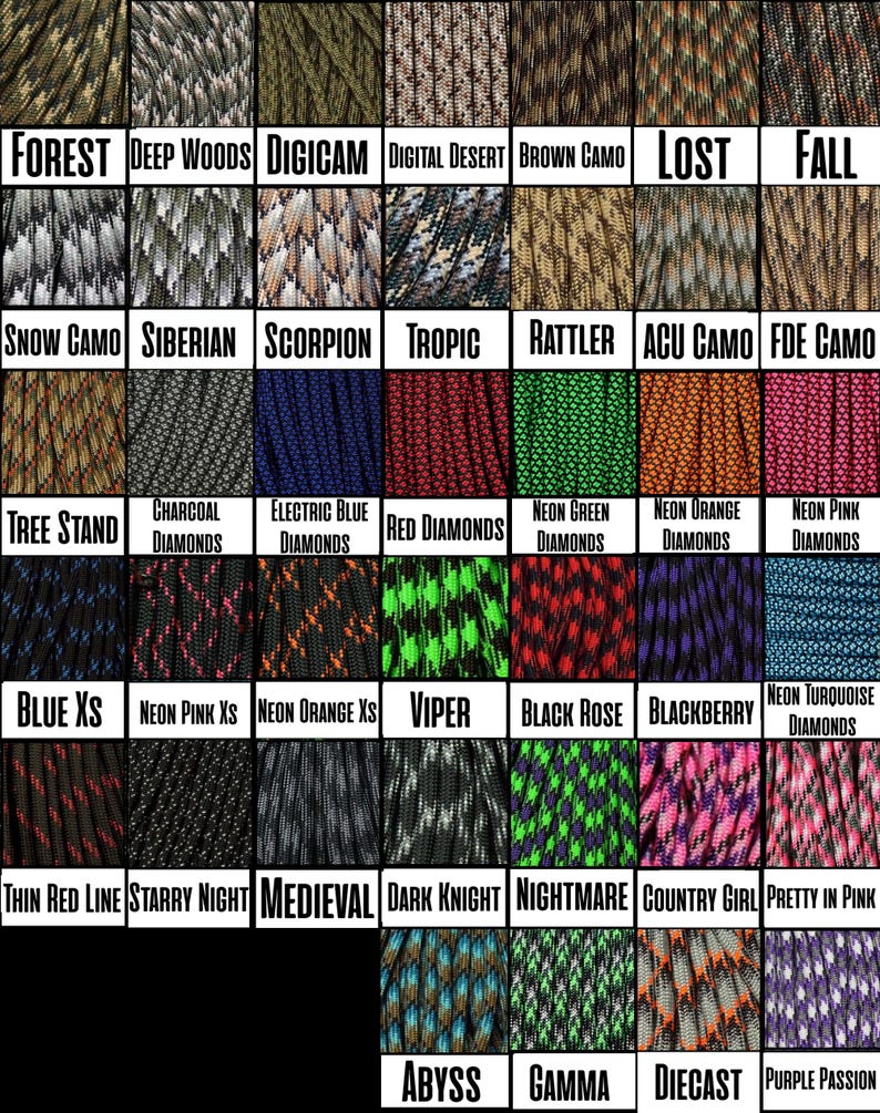 May include: A selection of paracord patterns and colours, including camouflage, diamond patterns, and solid colours. Each pattern is labelled with a descriptive name such as "Forest," "Electric Blue Diamonds," and "Black Rose."