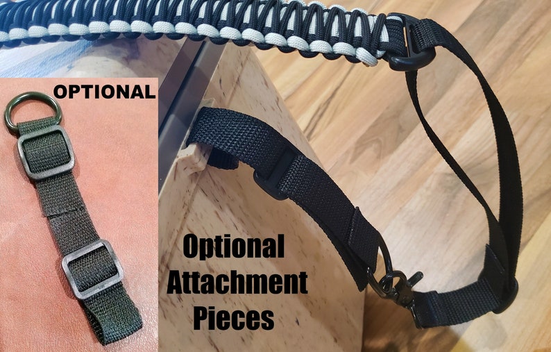May include: A black and white braided strap with a black strap and a metal hook. The strap is attached to a black strap with a metal buckle. The text "OPTIONAL" is visible in the image. The text "Optional Attachment Pieces" is also visible in the image.