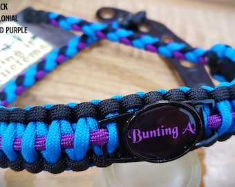 May include: A black, colonial blue, and acid purple paracord dog collar with a black buckle. The collar features the text "Bunting A" on the buckle. The collar is made of woven nylon cord.