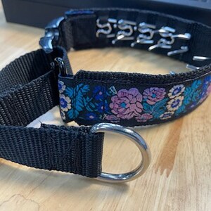 May include: A black nylon dog collar featuring a floral pattern with pink and blue flowers on the outer band. The collar includes a silver metal D-ring, a black plastic buckle, and a series of metal prongs lining the inner side of the strap.