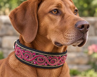 Hidden Prong K9 Dog Collar with Superior Aluminum Buckle Closure – Jacquard Ribbon - Choose with Genuine Swarovski Crystals or without